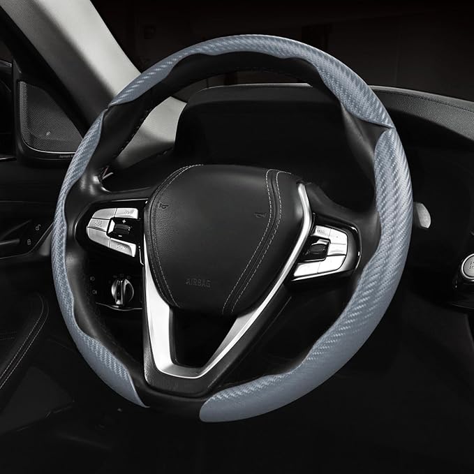 Carbon Fiber Steering Wheel Cover Anti-Slip Wrap Snap on Car Steering Wheel Accessories Grip 15 inch Universal 3pc Matte Gray
