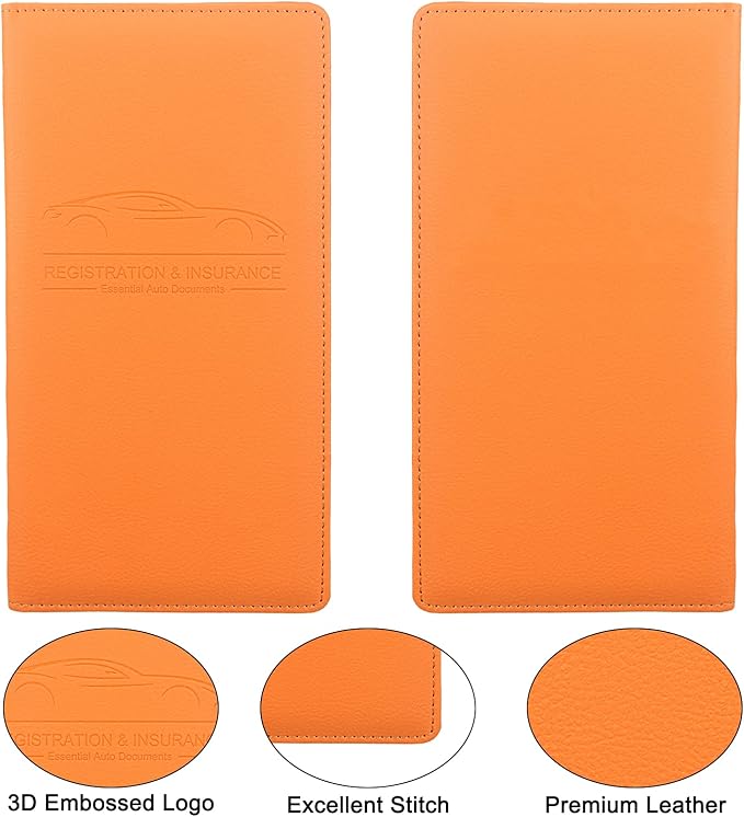 Car Registration and Insurance Holder, Premium Leather Insurance and Registration Holder,Vehicle Glove Box Car Organizer, with Magnetic Shut for Cards, Driver License (Orange)