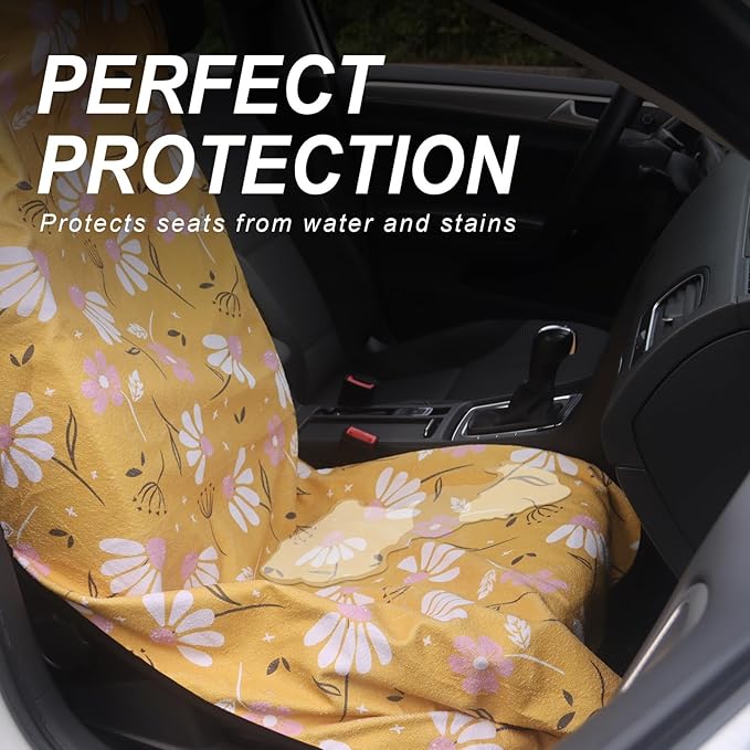 nbnhxnff Sweat Towel Car Seat Cover Protector Front Seats for Gym Workout,Running,Swimming,Beach and Hiking,Waterproof Universal Seat Cover for Car,Trucks,Van & SUV(Yellow Chamomile,1pcs Front Seat)