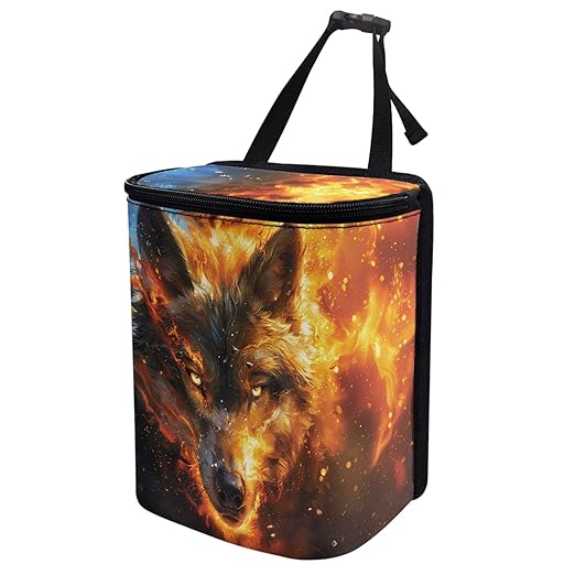Fire Wolf Car Trash Can, Hanging Zipper Design Garbage Bin for Backseatnd Behind Center Console