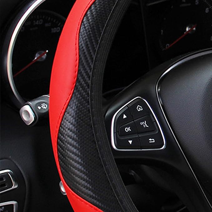 Car Steering Wheel Cover, 15 inch Carbon Fiber Microfiber PU Leather Elastic Steering Wheel Protector for Men Women, Anti-Slip Breathable Car Interior Accessories for Most Cars (Red)