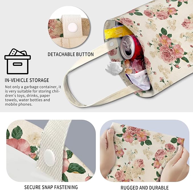 Cute Car Trash Can, Hanging Canvas Car Back Seat Organizer and Storage Bag, Funny Car Trash Bag for Travelling, Outdoor Vintage Beautiful Roses