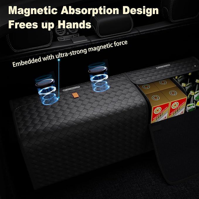 GMQ Car Trunk Organizer for SUV,Car Organizers and Storage with Collapsible Storage, Magnetic Lid Large Capacity for SUV, Truck, MPV (Weave Black, L-21.5×13×12.5 IN)
