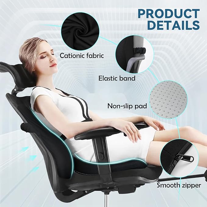 JIPORIER Seat Cushion & Lumbar Support Pillow Set for Office Chair, Ergonomic Pillow for Sciatica Pain Relief, Memory Foam Back Support Pillow & Chair Cushion for Car seat, Desk Chair (Black)