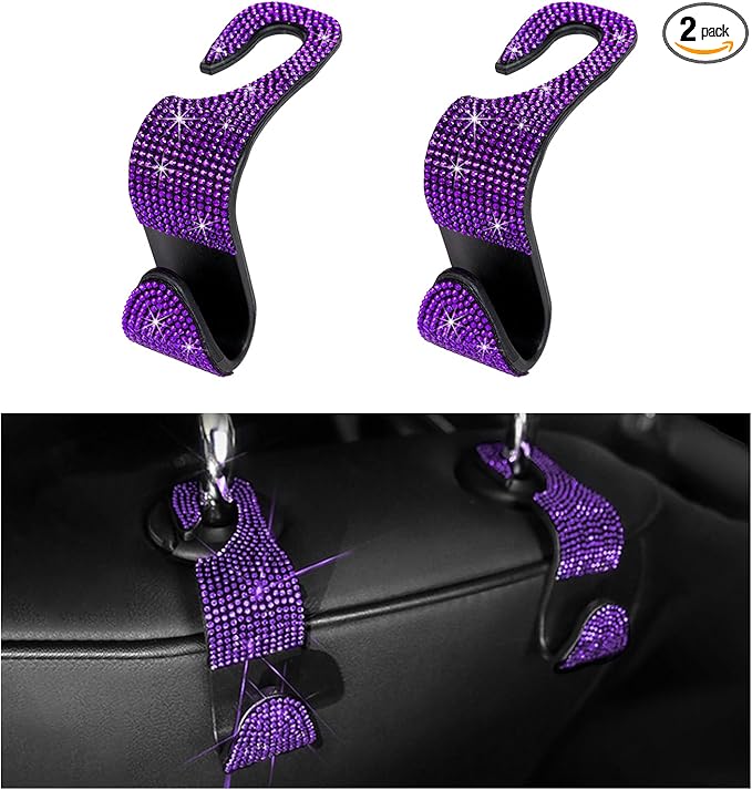 2PCS Bling Car Seat Headrest Hooks, Auto Back Seat Hanging Storage Organizer for Purse Handbag Coat, Rhinestone Vehicle Seat Hanger Holder for Women Girls, Car Accessories (Purple)