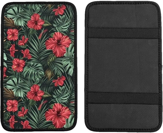 Red Hibiscus Auto Center Console Pad Aloha Palm Leaf Monstera Car Armrest Seat Box Cover Protector, Universal Non Slip Soft Center Console Armrest Pad for Vehicle, SUV, Truck