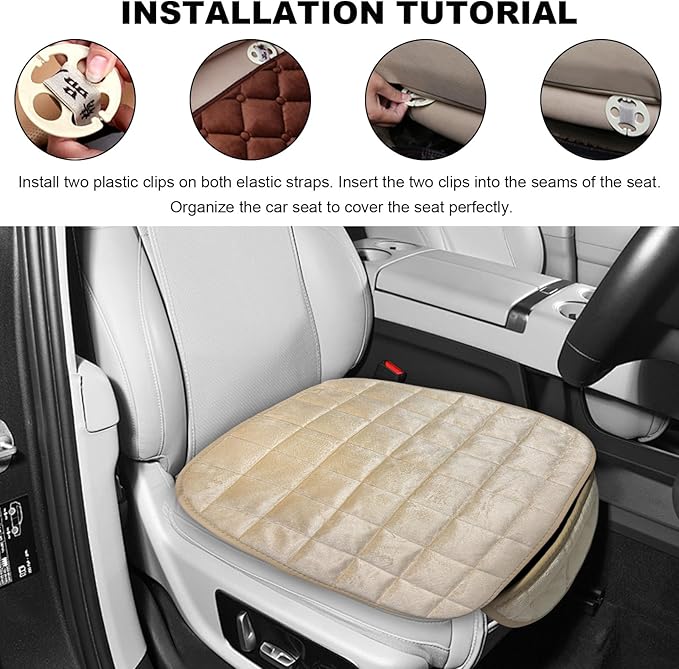 Car Seat Cushion, Soft Plush Auto Seat Cover with Non-Slip Silicone Bottom & Storage Pocket, Universal Breathable Vehicle Seat Cushion Pad for Car Truck SUV, Car Accessories (Beige)