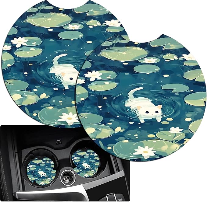 JANENFNA Car Armrest Cover Pads Universal Fashion Cute Auto Center Console Armrest Cover Pad with 2PCS Car Coasters Soft Waterproof Car Armrest Seat Protector for Women,White Cat in Water