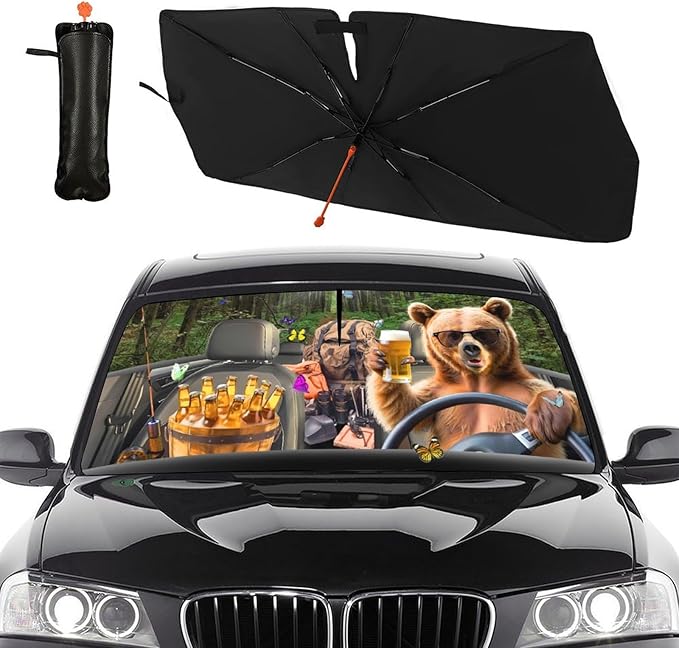 DOPINDU Bear Camping Car Windshield Sun Shade Umbrella Bendable Handle Foldable Funny Sunshade for Car Windshield Block UV Rays Keep Vehicle Cool for Most Sedans SUV Trucks Cars 57"x30"