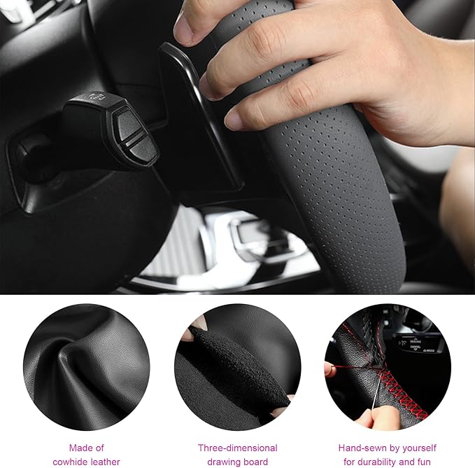 Ziciner Genuine Leather Steering Wheel Cover, Stitch on Wrap, Breathable Anti-Slip Car Steering Wheel Protector for Max Diameter 15 Inch, DIY Sewing with Needles Thread (Gray, Middle Hole)