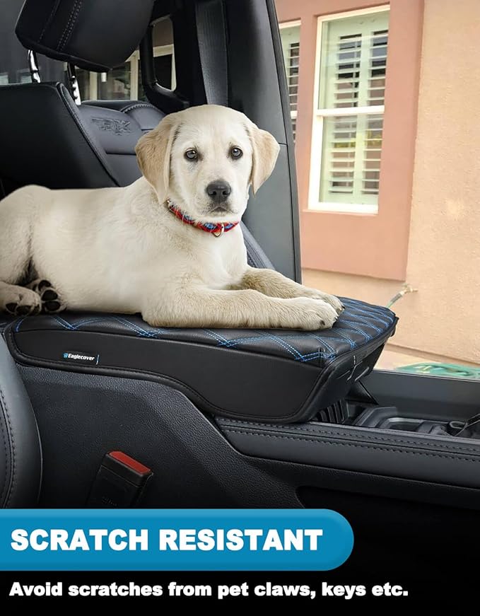 Center Console Cover for Dodge Ram 1500 2019-2026, Bucket Seat, Vinyl Leather Interior Accessories, Car Armrest Cushion Pad, Anti-Scratch, Black-Blue Stitch