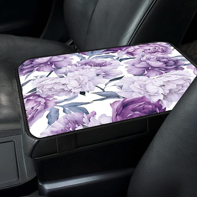 Car Center Console Cover, Universal Soft Large Neoprene Auto Armrest Seat Box Cover, Funny Car Decor Accessories Fit for Most Cars, Vehicles, SUVs Cute Purple Floral
