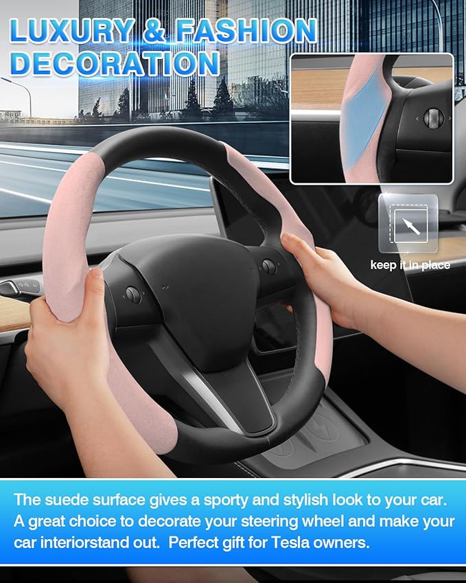 Shademax Custom-Fit for Tesla Steering Wheel Cover, Tesla Model Y / 3 2017-2025 2026 (Fit Model Y Juniper 2026/ Model 3 Highland) Suede Steering Wheel Cover for Tesla Model Y / 3 Accessories (Pink)