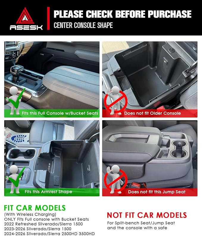 ASZSK for 2022-2026 Chevy Silverado/GMC Sierra 1500&2024-2026 Silverado/Sierra 2500HD 3500HD - (Full Console w/Bucket Seats ONLY) Center Console Armrest Organizer ABS Materials
