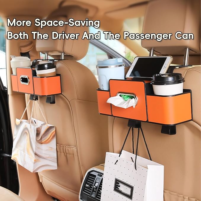 Geshus Backseat Organizers Hanging Storage, Car Seat Back Organizer With Tissue Holder, For Hold Phone,Drinks,Handbag,Compatible With Most Vehicles (Brown)