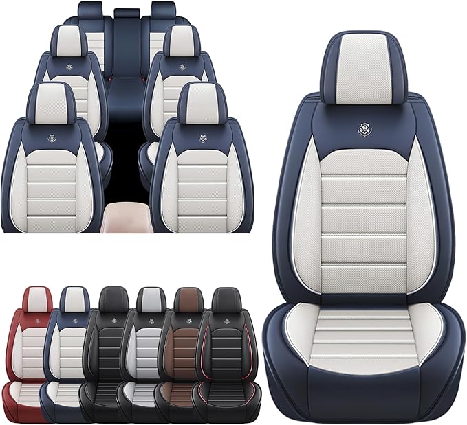 JOJ Car Seat Cover for Kia Carnival Seat Covers for Cars 2022-2026,Leather Waterproof Car Seat Covers Full Set,All Weather Tech Car Seat Protector,8 Seats Cream Blue