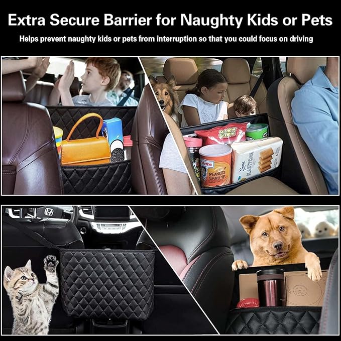 Car Net Pocket Handbag Holder Between Seats, Large Capacity Car Bag Purse Holder, with 2 Headrest Hooks, Heightened Front Railing, Leather Material, Reinforced Wiring, Rear Backseat Organizer