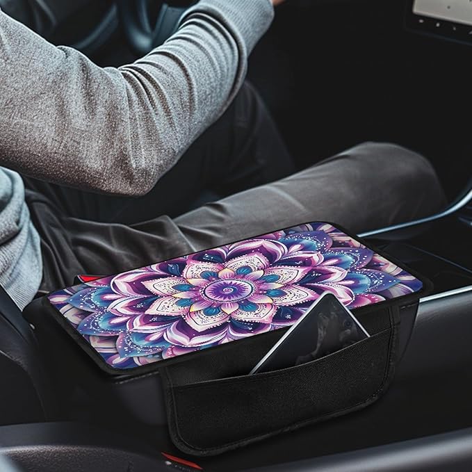 CLOHOMIN Boho Mandala Flower Car Armrest Cover Cushion Pad Decorative Accessories Purple Auto Center Console Cover Pad Universal Car Center Console Armrest Cover Fit for Most Vehicles