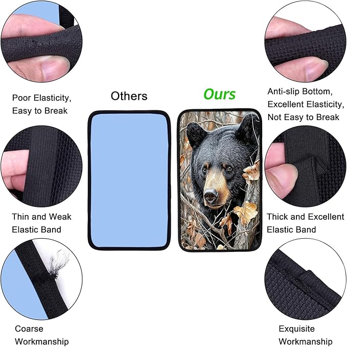 JANENFNA Car Armrest Cover Pads Universal Fashion Cute Auto Center Console Armrest Cover Pad with 2PCS Car Coasters Soft Waterproof Car Armrest Seat Protector for Women,Cute Black Bear