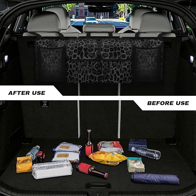 SEANATIVE Black Leopard Car Trunk Organizer, Backseat Hanging Storage with 4 Large Pockets, Collapsible Cargo Bag with Adjustable Straps Frees Trunk Floor, Suit for SUV, Truck, Van