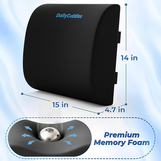 DailyCuddles Lumbar Support Pillow for Office Chair Back Support - Memory Foam Lumbar Pillow for Car or Gaming Chair, Ergonomic Back Cushion with Adjustable Strap for Long-Hour Sitting (Black,X-Large)