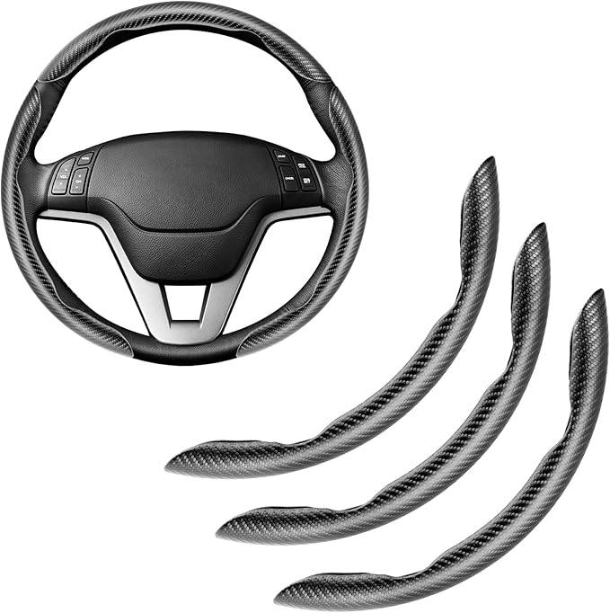 Amiss 3pcs Carbon Fiber Anti-Skid Steering Wheel Cover, Waterproof & Segmented Butterfly Design, Universal 99% Vehicle Wheel Cover Protector, Car Interior Accessories, Black