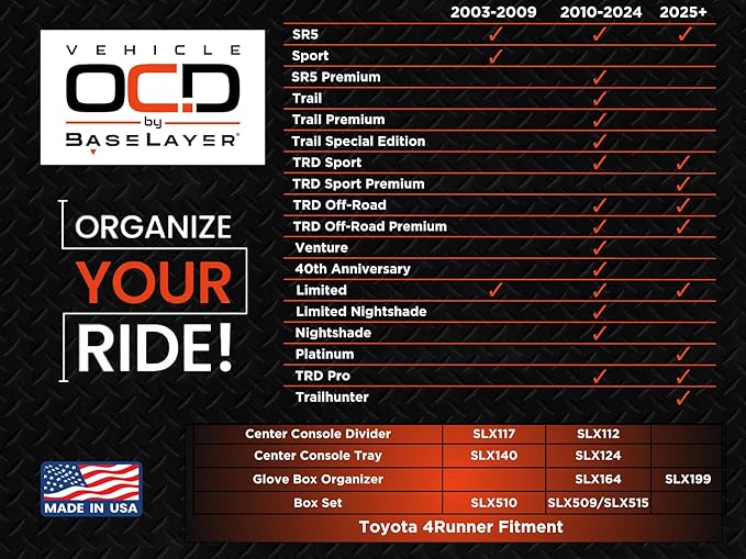 Vehicle OCD - Center Console Organizer Tray for Toyota 4Runner (2003-2009) - Made in USA - SLX140