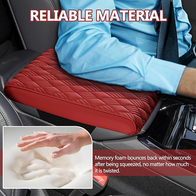 Car Center Console Cover, 12.6"×8.3"×2" Leather Car Armrest Cover, Soft Memory Foam Auto Armrest Cushion Pad, Vehicle Arm Rest Box Protector, Universal Interior Car Accessories (Wine Red)