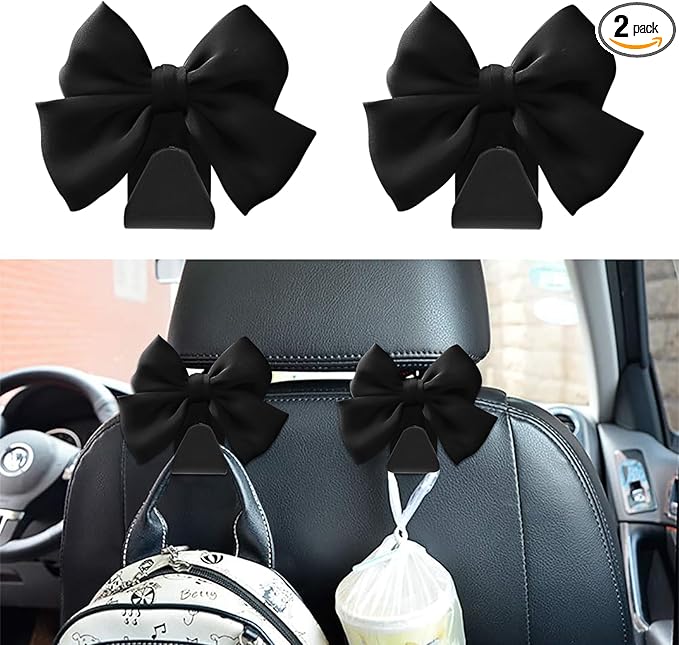 2PCS Car Seat Headrest Hooks, Purse Hook for Car, Bow Shaped Vehicle Backseat Storage Hooks, Universal Car Purse Holder Hook Car Accessories Compatible with Purse Coat (Black)