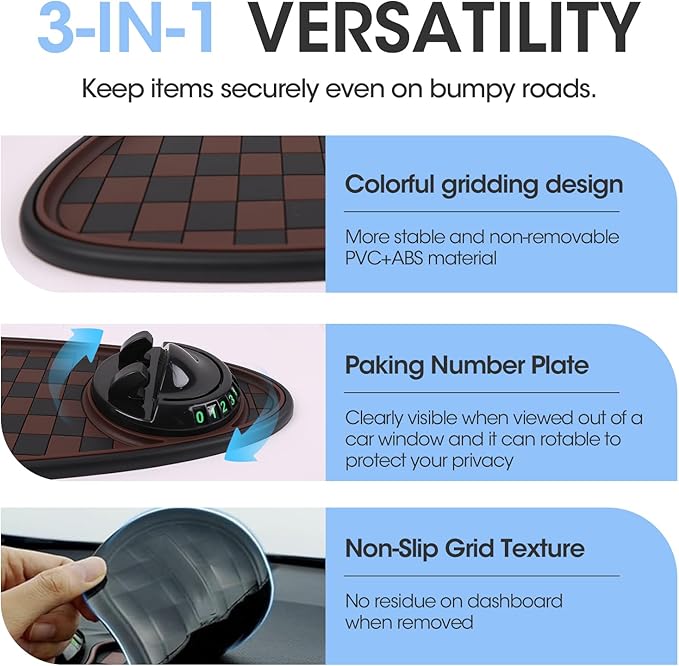 Multifunction Car Anti-Slip Mat Exclusive Phone Holder, Rotatable Car Phone Holder Dashboard Pad with Temporary Parking Number, Huge Capacity for Phones, Keys and Sunglasses (Black+Brown)