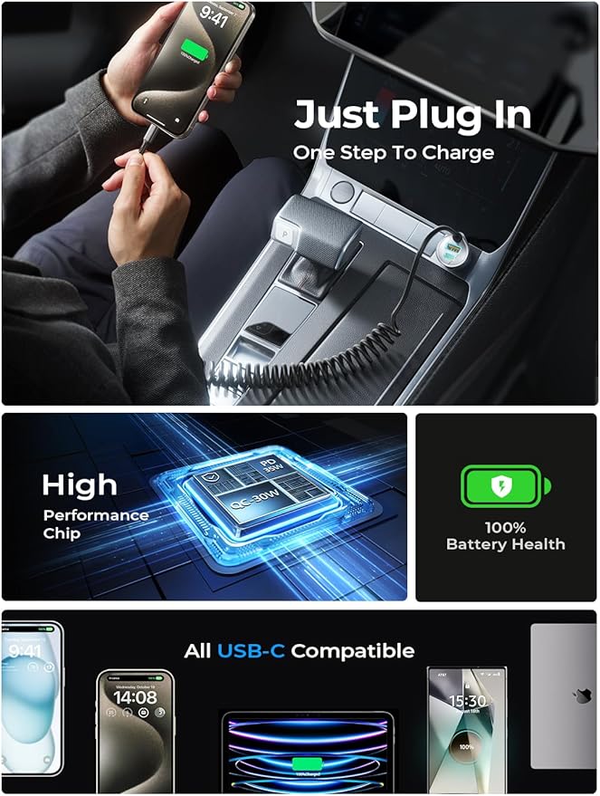 LISEN 90W Cigarette Lighter USB Charger【3.3ft for Tidy Space】,Super Fast USB C Car Charger with 45W Super Fast Charging Coild Cable Fit iPhone 17 16 15 Air Pro Max Plus,Samsung Galaxy S25/24,Android