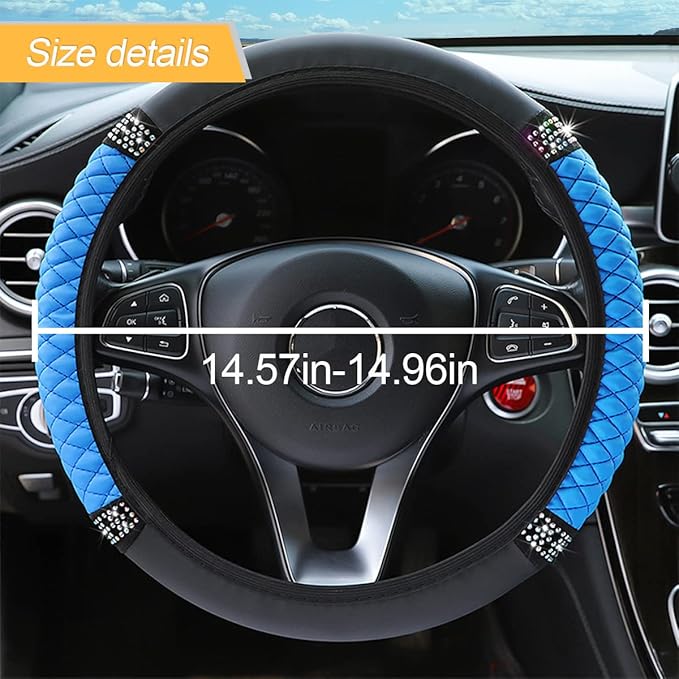 Bling Soft Leather Steering Wheel Cover, 15 Inch Colorful Rhinestones Auto Elastic Steering Wheel Protector, Sparkly Crystal Diamond for Women Girls, Car Accessories for Most Cars (Blue)