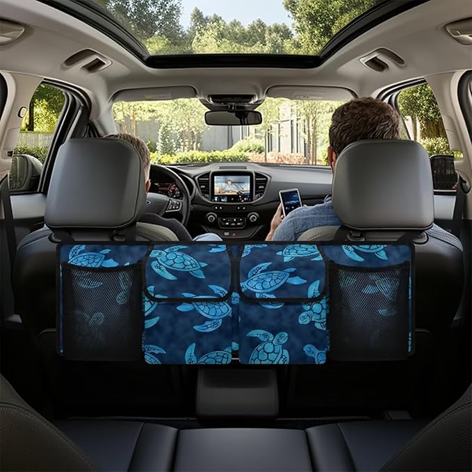 Car Trunk Hanging Organizer, Blue Turtle Thick Backseat Storage Bag with 2 Pockets, 2 Mesh Pockets and 3 Adjustable Shoulder Straps, Foldable Interior Accessories