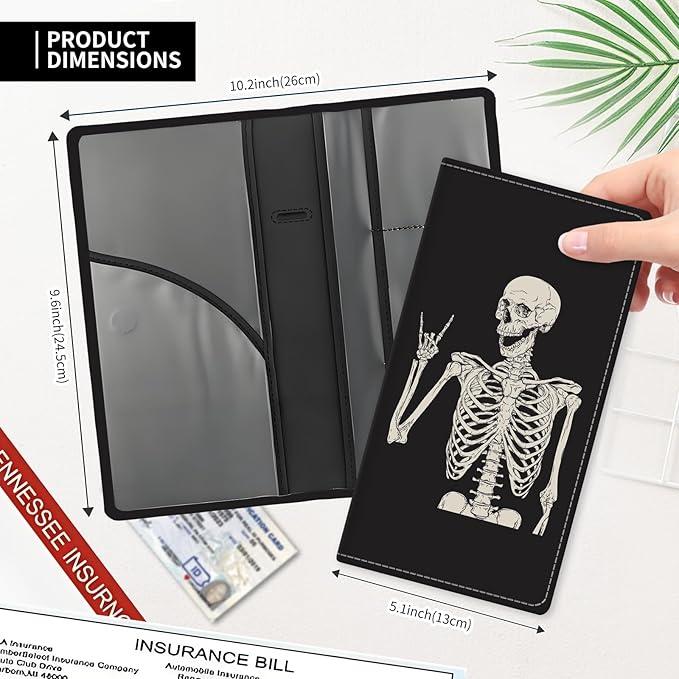 ADUQLZUX Leather Car Registration and Insurance Card Holder, Cute Car Accessories Vehicle Glove Box Car Organizer for Documents, Cards, License Funny Skull Pattern