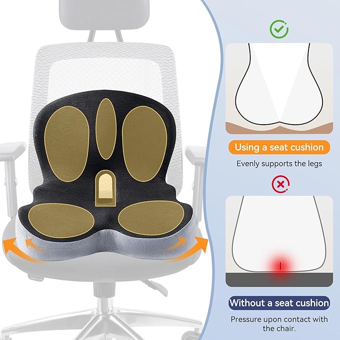 Ergonomic Seat Cushion for Office Chair & Car - Memory Foam Car Cushions for Driving with L-Shaped Design, Adjustable Strap, Non-Slip Bottom - Orthopedic Pad for Truck Driver (Dark Grey)