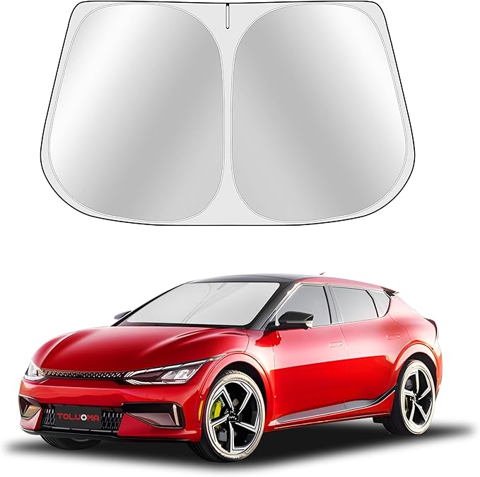 Toluoma Custom Fit Windshield Sun Shade for Kia EV6 2022-2025 - Full Coverage, 210T Reflective Fabric, Double-Layer Design - Blocks 99% UV Rays, Keeps Car Cool, Easy to Install and Store