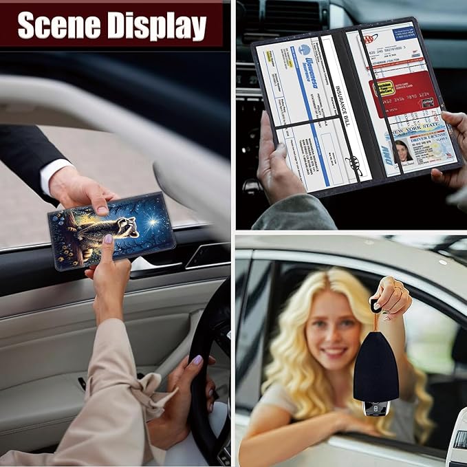 Car Document Holder with Magnetic Shut, Car Registration and Insurance Card Holder, Vehicle Glove Box Organizer Documents, Driver License, Auto Paperwork Organizer Wallet, Night Forest Raccoon Pattern