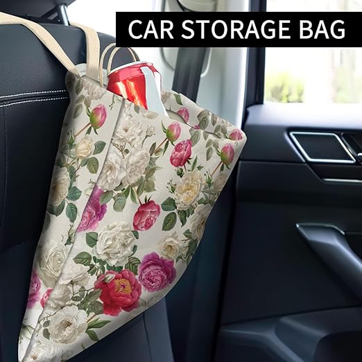 ABUIFDK Car Trash Can, Cute Car Trash Bag, Hanging Car Organizer and Storage Bag, Trash Bin for Car Accessories, Vehicle, Travelling, Camping Cute White Pink Flowers