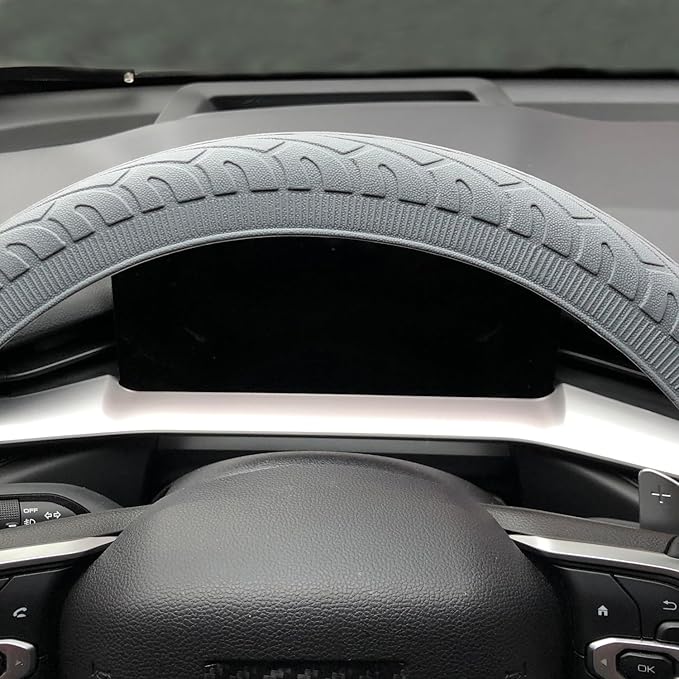 Universal Gray Steering Wheel Cover：13.5 to 15 Inches Flexible Silicone Anti Slip Steering Wheel Protector Fit for Most Car Models Including Round D Shape or Special Shape
