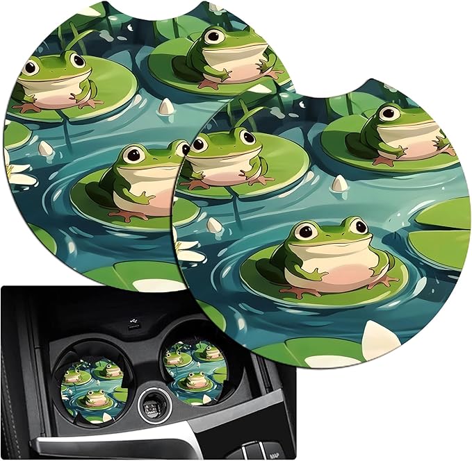 JANENFNA Car Armrest Cover Pads Universal Fashion Cute Auto Center Console Armrest Cover Pad with 2PCS Car Coasters Soft Waterproof Car Armrest Seat Protector for Women,Cute Frog on Lotus Leaf