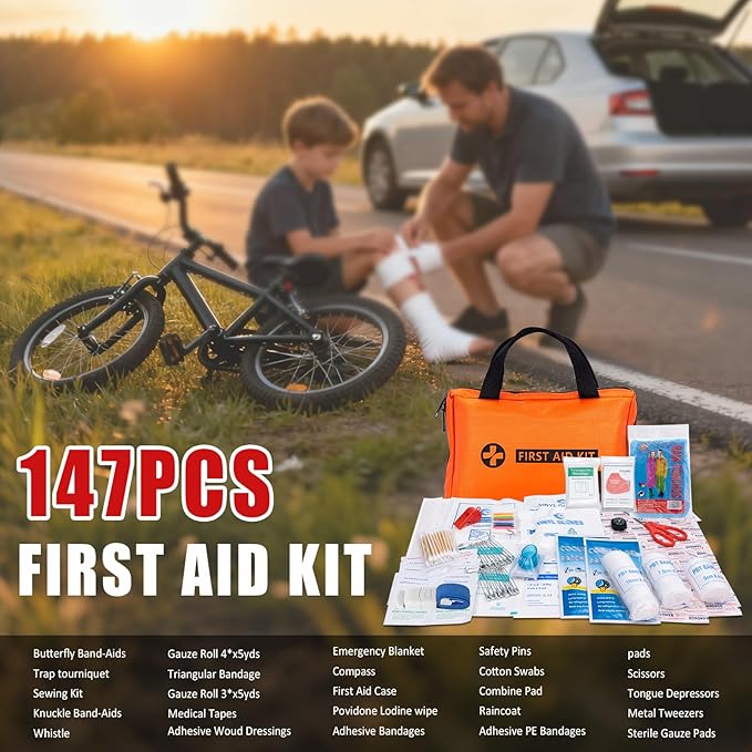 HLWDFLZ Car Roadside Emergency Kit, Jump Starter with Air Compressor, First Aid Kit, Tow Rope, Roadside Safety Emergency Tool Kit for Women, Men, Teen (Orange)