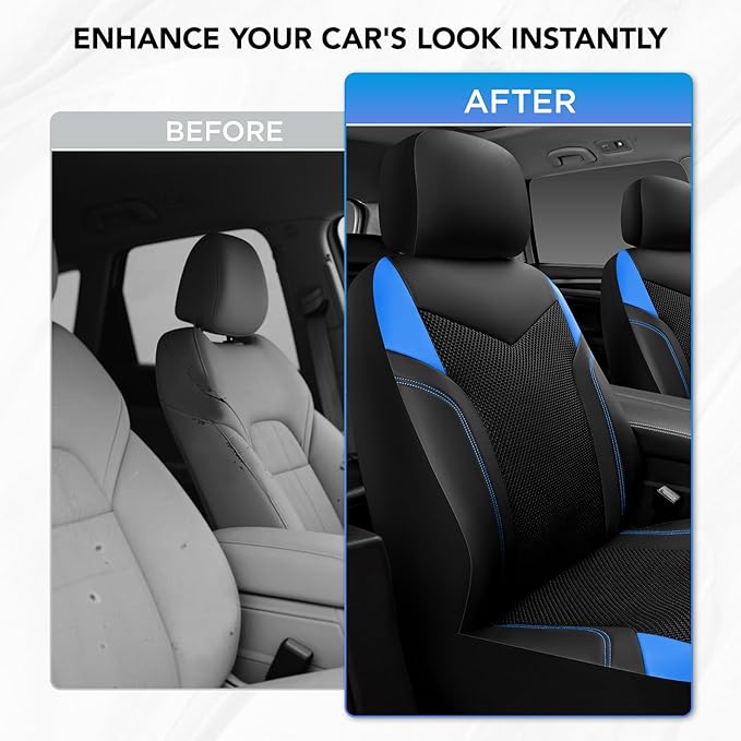 PIC AUTO Car Seat Cover, Super Breathable Mesh Front Seat Cover for Cars, Blue Leather Seat Covers, Universal Fit, Durable, Airbag Compatible, Suitable for SUVs, Trucks, Sedans, and Vehicles