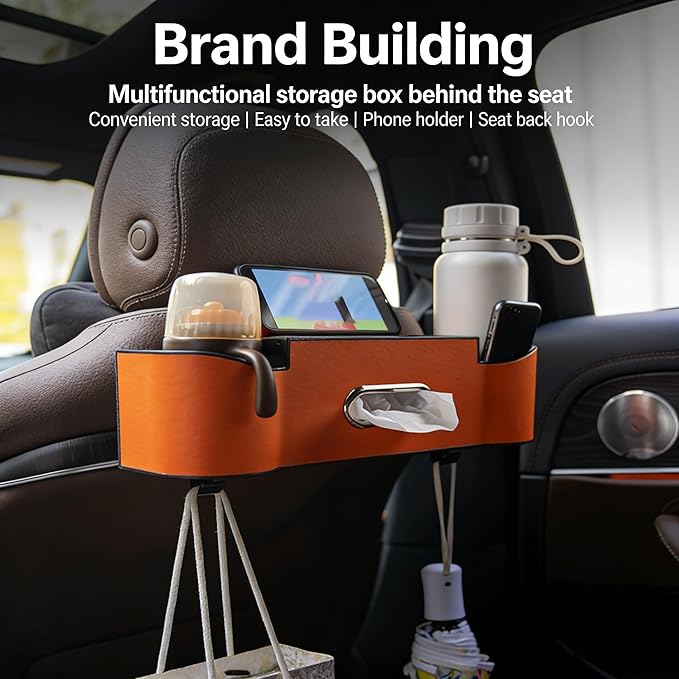 5-in-1 Car Backseat Organizer, 2026 Multifunctional Seat Back Storage Box with Cup Holder, Tissue Box, Phone Holder and 2 Hooks, Premium Leather Car Organizer for Tidy Car (Black-1pc)