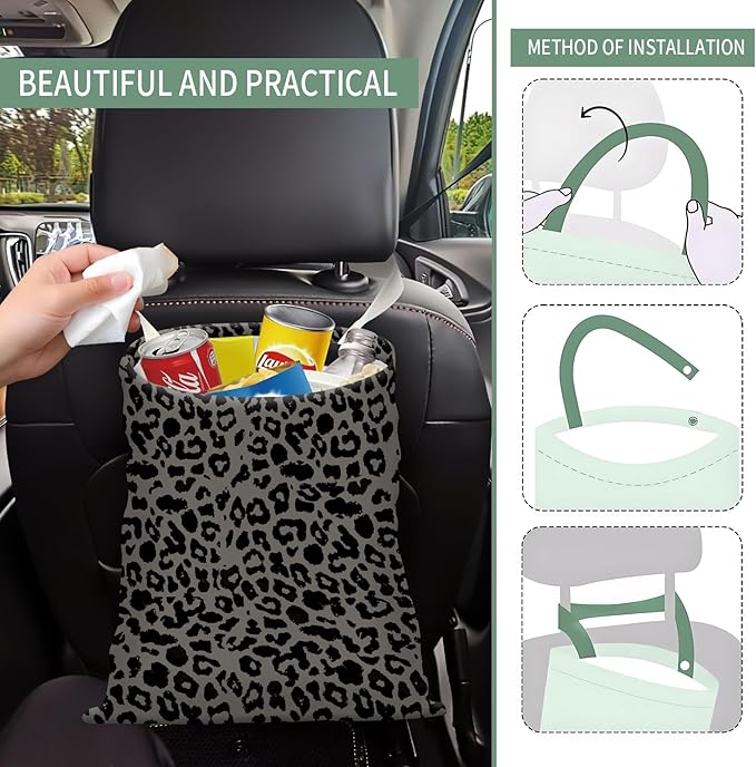 AXZOPDE Cute Car Trash Can, Hanging Canvas Car Back Seat Organizer and Storage Bag, Funny Car Trash Bag for Travelling, Outdoor Cute Gray Leopard