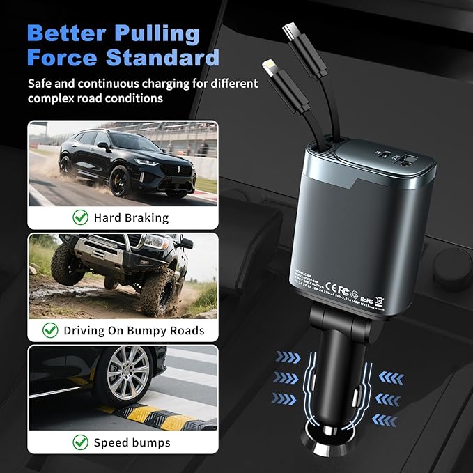 Retractable Car Charger, 84W Car Charger USB C 4 in 1, Car Accessories Fast Charging Car Charger Adapter for iPhone 17 16 15 14 13 12 Pro Max, Samsung, Pixel | Travel Essentials Gifts for Men Women