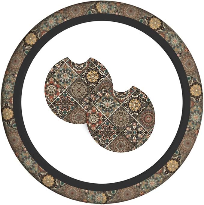 Bohemia Steering Wheel Cover with 2 Car Coasters Non Slip Neoprene for Women Men Universal 15 Inch