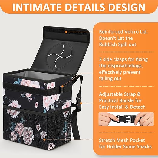 Vankor Car Trash Can for Car Cute,Bag Bin Hanging Waterproof Automotive Garbage Cans Leak Proof Vehicle Trash Can Black Floral