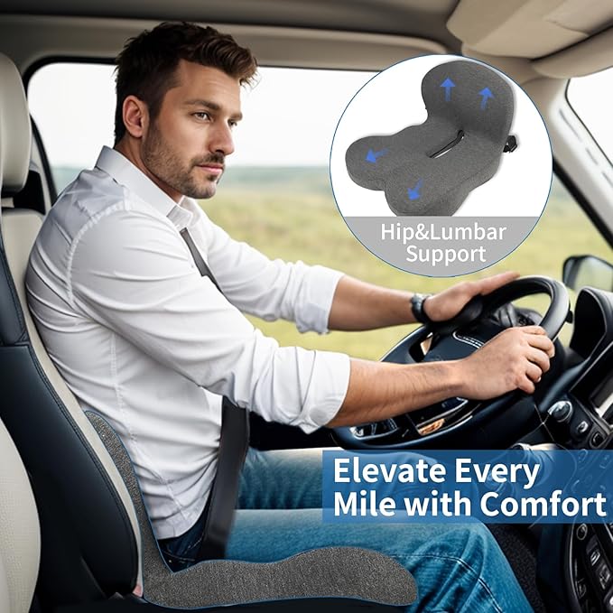 XZdream Memory Foam Seat Cushion,Office Chair Cushion with Lumbar Support for Back Pressure Relief, Car Seat Cushion with Adjustable Strap,Sciatica Pad Cushions for Car,Truck, Desk,Gaming Chair