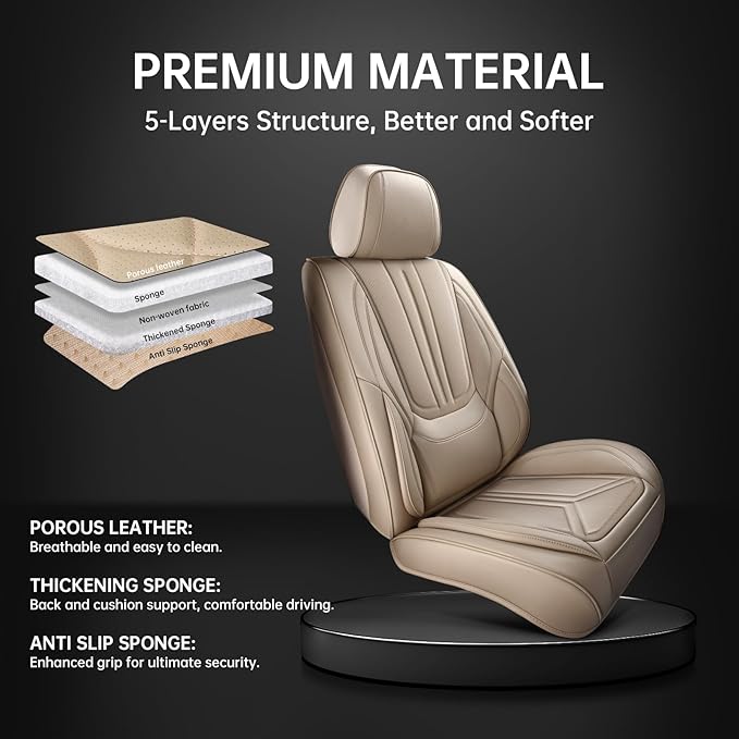 SCDOOCA Car Seat Covers Front Seats, Premium Leather Car Seat Covers, Waterproof and Breathable Seat Covers, Universal Car Seat Protector Fit for Cars, Trucks, SUVs, Pick-ups(Beige, 2 PCS Front Seat)