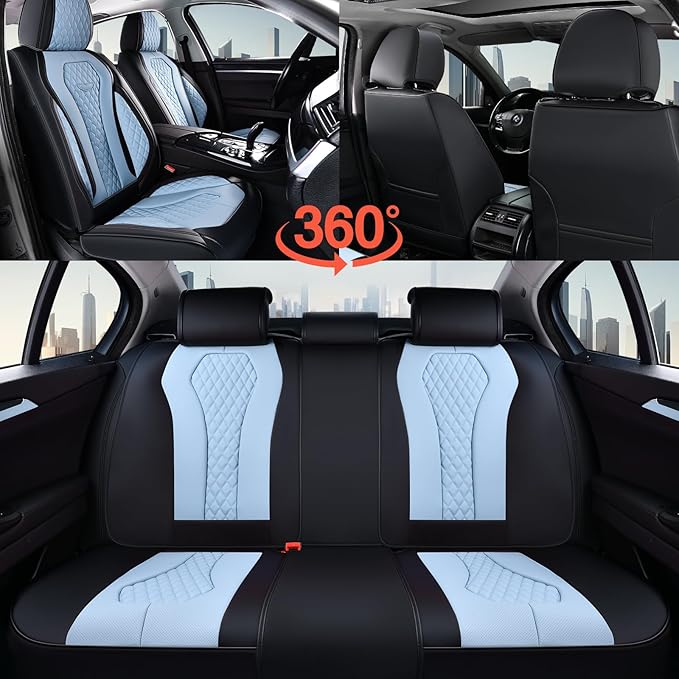 Coverado Auto Seat Covers, Car Seat Covers Full Set, Bule Car Seat Cover, Driver Seat Covers Front Seats Rear Seat Cover, Luxury Car Seat Cushion,Leather Seat Cover Seat Protector Fit for Most Cars